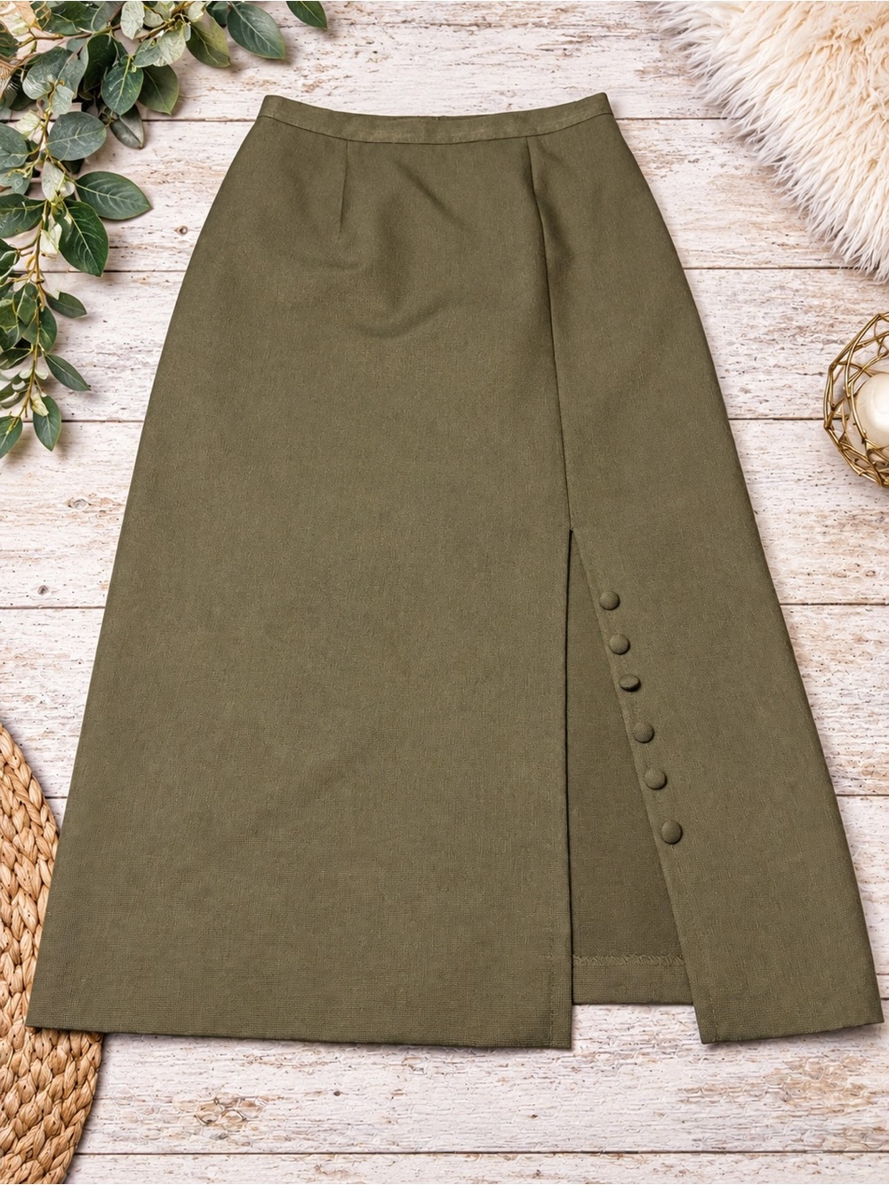 Olive Green Button-Accent Midi Skirt